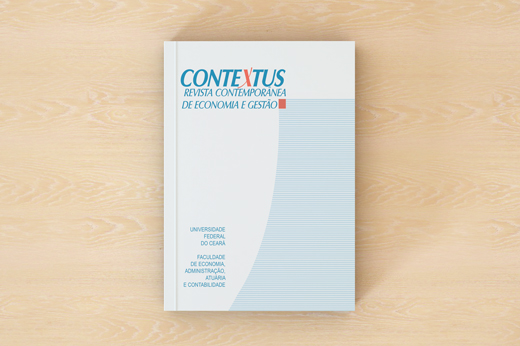 Imagem: Capa de uma revista chamada "Contextus: Revista Contemporânea de Economia e Gestão". O fundo é claro, com detalhes em azul claro e linhas curvas que dão um toque moderno ao design. No canto superior, estão o título da revista em letras grandes e destacadas, com uma parte em azul e outra em vermelho. Abaixo do título, há informações institucionais indicando que a publicação pertence à "Universidade Federal do Ceará" e é da "Faculdade de Economia, Administração, Atuária e Contabilidade". A capa é limpa e organizada, refletindo um estilo acadêmico e profissional.