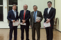 Imagem: Abertura ainda contou com o Presidente da Câmara de Comércio Português no Brasil, Rômulo Alexandre Soares; o Diretor da Faculdade de Direito, Prof. Cândido Albuquerque; e o Coordenador do Curso de Direito da UFC, Prof. William Paiva Marques (Foto: Viktor Braga/UFC)