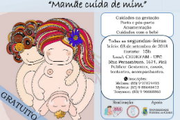 Imagem: Cartaz do curso com ilustração de um casal, onde o homem aparece abraçando a mulher grávida e segurando a barriga dela