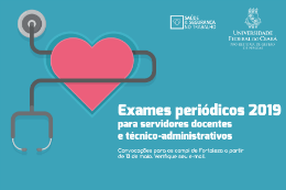 Imagem: Arte de divulgação dos exames periódicos com informações e ilustração de um coração e um estetoscópio