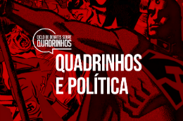 Imagem: Arte do evento com nome do evento e, ao fundo, desenho de super-herói em quadrinhos