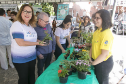 Pessoas ao lado de uma mesa com pequenos jarros de plantas (Foto: Viktor Braga/UFC)