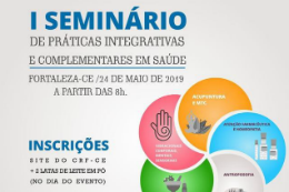 Imagem: Fundo cinza escrito em azul I Seminário. Na cor cinza, o restante da frase: de práticas integrativas e compementares em saúde