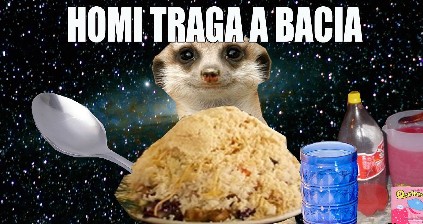 Foto mostra o personagem Suricate Seboso com um enorme prato de comida e a frase "Homi, traga a bacia"