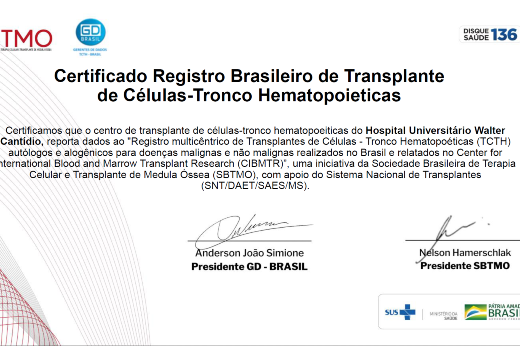 Imagem do certificado concedido ao Hospital Walter Cantídio por reportar dados de transplantes de medula óssea