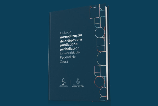 Imagem: Livro de capa azul petróleo e borda na lateral direita com formas geométricas coloridas. Ao centro, o título Guia de Normalização de Artigo em Publicação Periódica da Universidade Federal do Ceará na cor branca. Abaixo, a logo da Biblioteca Universitária e o brasão da UFC 