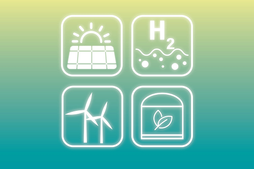 Imagem: Fundo verde de amarelo com desenhos em quadrinhos representando energia solar, hidrogênio verde, energia eólica e energia hídrica