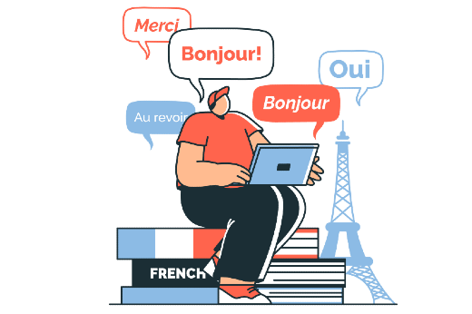 Imagem: A imagem mostra uma pessoa sentada em cima de uma pilha de livros, com um laptop no colo. Ao fundo, há um desenho da Torre Eiffel, simbolizando a França. O tema da imagem está relacionado ao aprendizado do idioma francês, representado por balões de fala com palavras como "Bonjour!", "Oui", "Merci" e "Au revoir". A capa de um dos livros também tem as cores da bandeira francesa (azul, branco e vermelho) e a palavra "FRENCH" escrita nela.  O estilo do desenho é simples e moderno, com cores claras e linhas limpas. A cena sugere um ambiente de estudo ou prática do idioma.