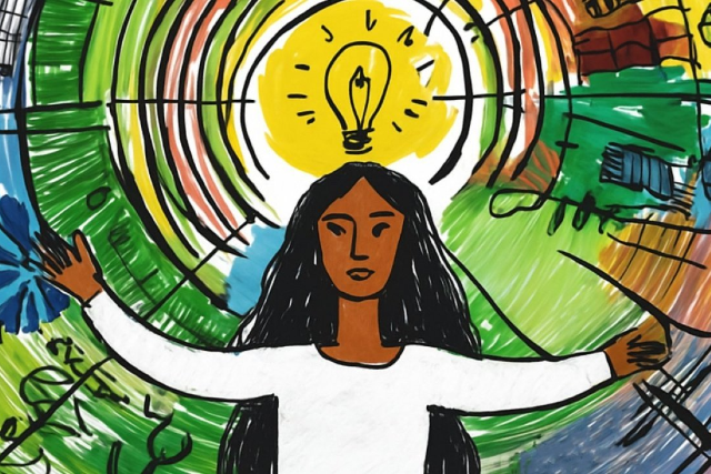 Imagem: desenho de uma mulher de negra de blusa branca de braços abertos. Ao fundo, uma mandala colorida com uma lâmpada incandescente no centro, representando uma ideia