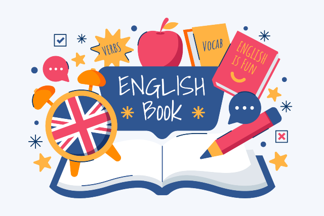Imagem: desenho de um caderno aberto com páginas em branco. Ao centro, no fundo azul, tem escrito English Book na cor branca. Ao redor, há elementos como lápis, bandeira do Reino Unido, capas de livros em inglês nas cores vermelha e laranja