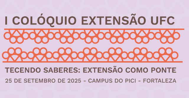 Imagem: fundo lilá com um desenho no centro em vermelho simbolizando uma ponte. Em cima, de preto, tem o texto I Colóquio Extensão UFC
