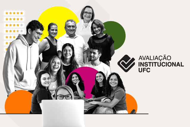 Sobre um fundo cinza com detalhes em amarelo, diversas pessoas, entre e pessoas de meia-idade estão em preto e branco. Ao lado, há a marca da Avaliação Institucional UFC