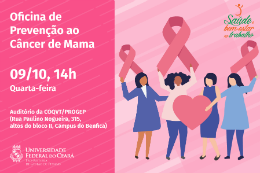 Imagem: arte de divulgação da oficina com ilustração de mulheres segurando um coração e fitas cor de rosa