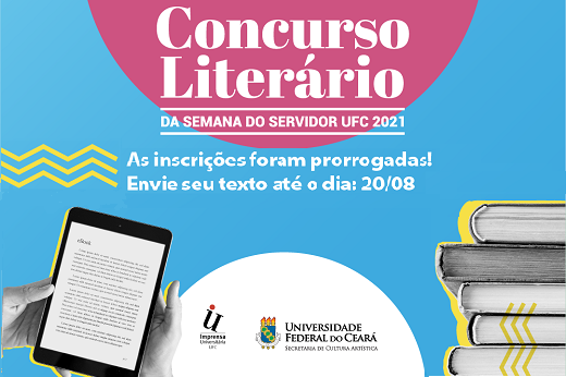 Imagem: arte de divulgação com informação da prorrogação para dia 20 de agosto e foto de livros empilhados à direita e uma mão segurando um tablet à esquerda