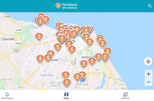 Imagem: Ao ativar o aplicativo Fortaleza em Música no celular, o usuário terá acesso às canções localizadas no mapa da cidade, podendo ouvir as músicas e conferir informações sobre as composições, os locais representados e os artistas (Imagem: Divulgação)