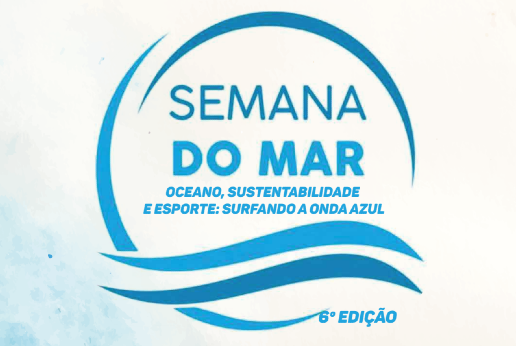 Imagem: fundo azul e logo do evento Semana do Mar