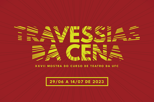 Imagem: Logo da Mostra Travessias da Cena; a fonte é amarela e tracejada, sobre um fundo vermelho