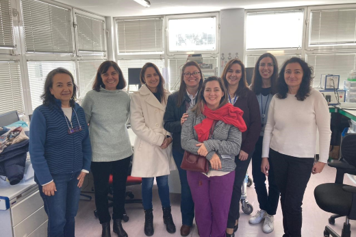 Professoras da UFC e do Centro de Investigaciones Energeticas, Medioambientales y Tecnologicas posam para foto em um dos laboratórios do Centro, com janelas, bancadas e computadores ao fundo