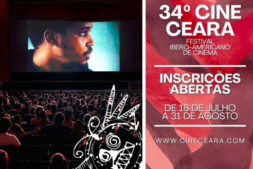 Imagem: Foto de uma tela de cinema com um homem negro e do público de costas. Na tela, lê-se 34 Cine Ceará