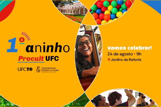 Imagem: Cartaz de fundo amarelo com imagem de pessoa ao centro e títulos do evento