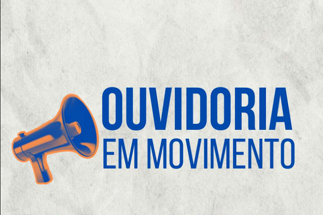 Imagem: Ilustração de um megafone ao lado da frase Ouvidoria em atendimento, sobre um fundo cinza (Divulgação)