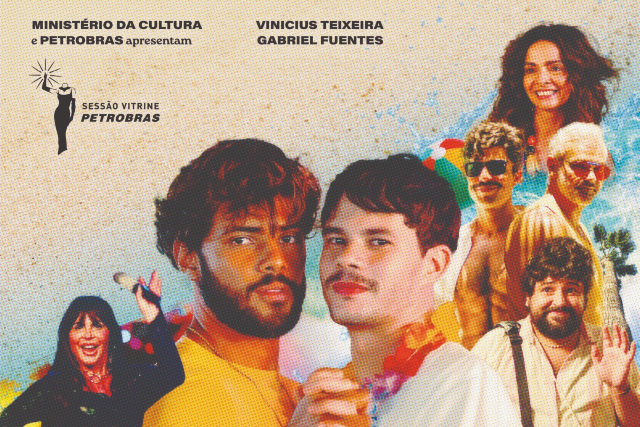 Imagem: Cartaz colorido do filme O Melhor Amigo. Em primeiro plano, dois homens jovens posam lado a lado, um de barba e camisa amarela e outro de bigode e camisa branca, segurando uma bebida. Ao fundo, aparecem personagens em clima de praia e verão, sorrindo e com roupas leves. No canto superior esquerdo, estão os logotipos do Ministério da Cultura e da Petrobras, com o texto: "Ministério da Cultura e Petrobras apresentam. Sessão Vitrine Petrobras". No alto, ao centro, lê-se: "Vinicius Teixeira Gabriel Fuentes".