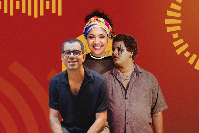 Arte gráfica do lançamento da nova identidade da Universitária FM, com Caio Castelo, Lorena Nunes e Mateus Fazeno Rock