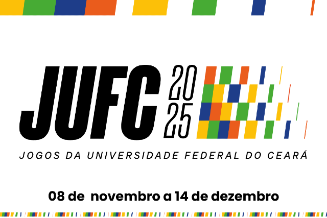 JUFC 2025 serão realizados aos sábados e domingo, até 14 de dezembro, na Quadra do CEU (Imagem: Divulgação) Imagem: Cartaz dos Jogos da Universidade Federal do Ceará 2025. O logotipo “JUFC 2025” aparece em preto, ao lado de um mosaico colorido com formas nas cores azul, verde, amarelo, laranja e vermelho. Abaixo, lê-se “Jogos da Universidade Federal do Ceará”. No rodapé, está a data do evento: “08 de novembro a 14 de dezembro”. Faixas com o mesmo padrão colorido decoram o topo e a base da imagem.