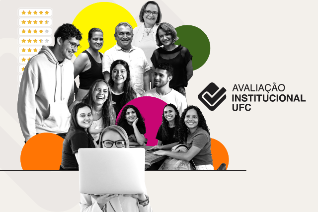 A avaliação é anônima e deve ser feita por estudantes e professores dos cursos presenciais de graduação e das Casas de Cultura Estrangeira (Imagem: Design/Secom UFC) Imagem: estudantes e professores ao lado da marca da Avaliação Institucional