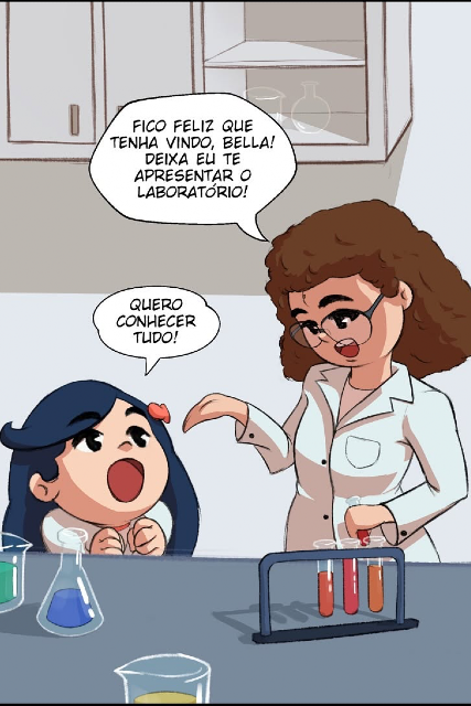 Imagem: ilustração em estilo cartoon. Uma menina visita um laboratório e conversa com uma mulher de jaleco e óculos, que a recebe com carinho. Sobre a bancada há tubos de ensaio e frascos com líquidos coloridos. A menina demonstra entusiasmo dizendo que quer conhecer tudo enquanto a cientista apresenta o laboratório