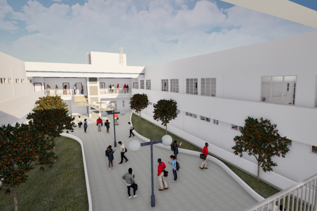 Imagem: Imagem em perspectiva de um projeto arquitetônico de um campus universitário. O espaço mostra um pátio interno cercado por prédios brancos de dois pavimentos, com janelas alinhadas e corredores abertos no andar superior. No centro, há um caminho pavimentado com áreas ajardinadas nas laterais, com gramados e árvores de pequeno porte.